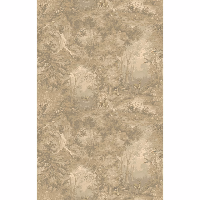 Muted taupe woodland wallpaper with misty trees, rocks, foliage and small deer figures