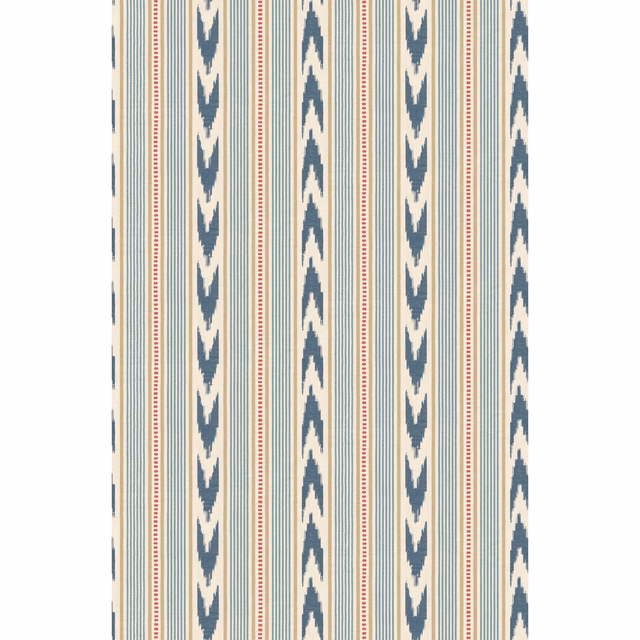 Cream wallpaper with slate-blue arrow motifs and fine red pinstripes