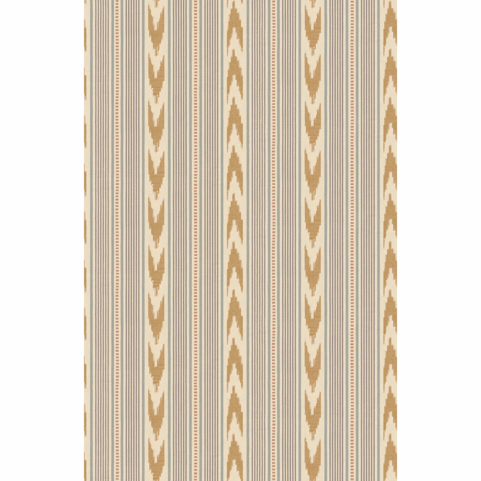 Blue-grey and sand vertical stripes with repeated pointed chevron motifs on a pale ground