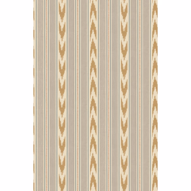 Blue-grey and sand vertical stripes with repeated pointed chevron motifs on a pale ground