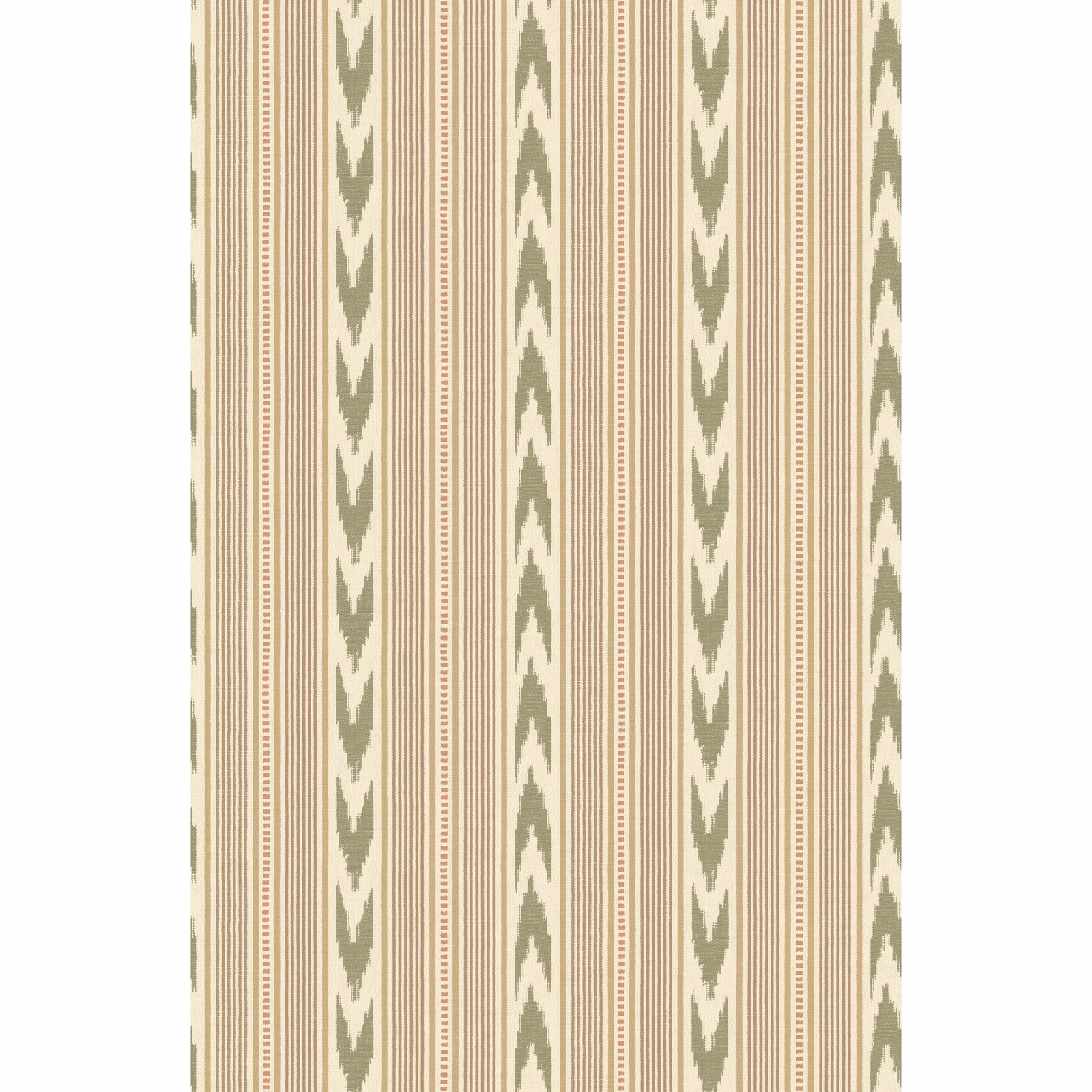 Muted lovat-green leafy chevrons between fine tan and cream vertical stripes