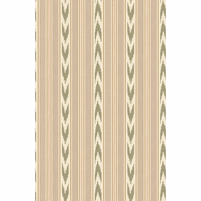 Muted lovat-green leafy chevrons between fine tan and cream vertical stripes