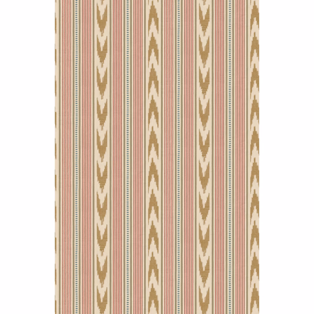 Muted old-red and sand striped wallpaper with repeating leaf-like motifs