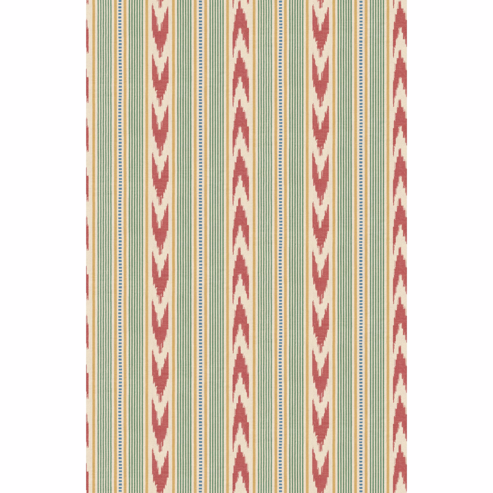 Cream wallpaper with muted red arrow motifs and fine green vertical stripes