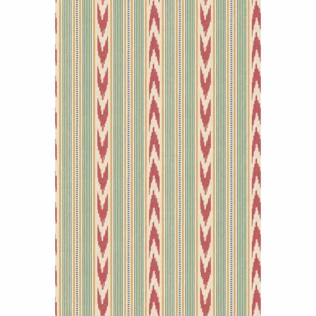 Cream wallpaper with muted red arrow motifs and fine green vertical stripes