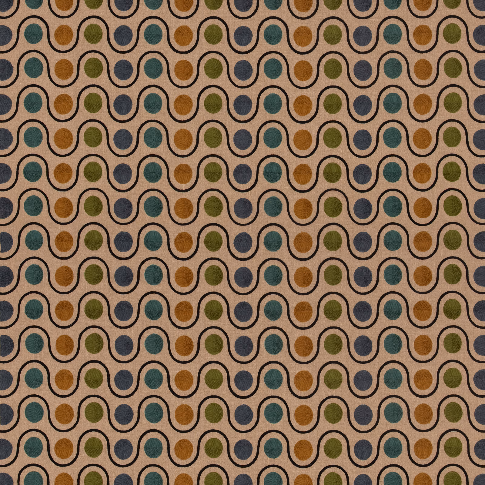 Beige linen ground with repeating teal, olive and ochre rounded wave motifs