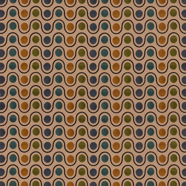 Beige linen ground with repeating teal, olive and ochre rounded wave motifs