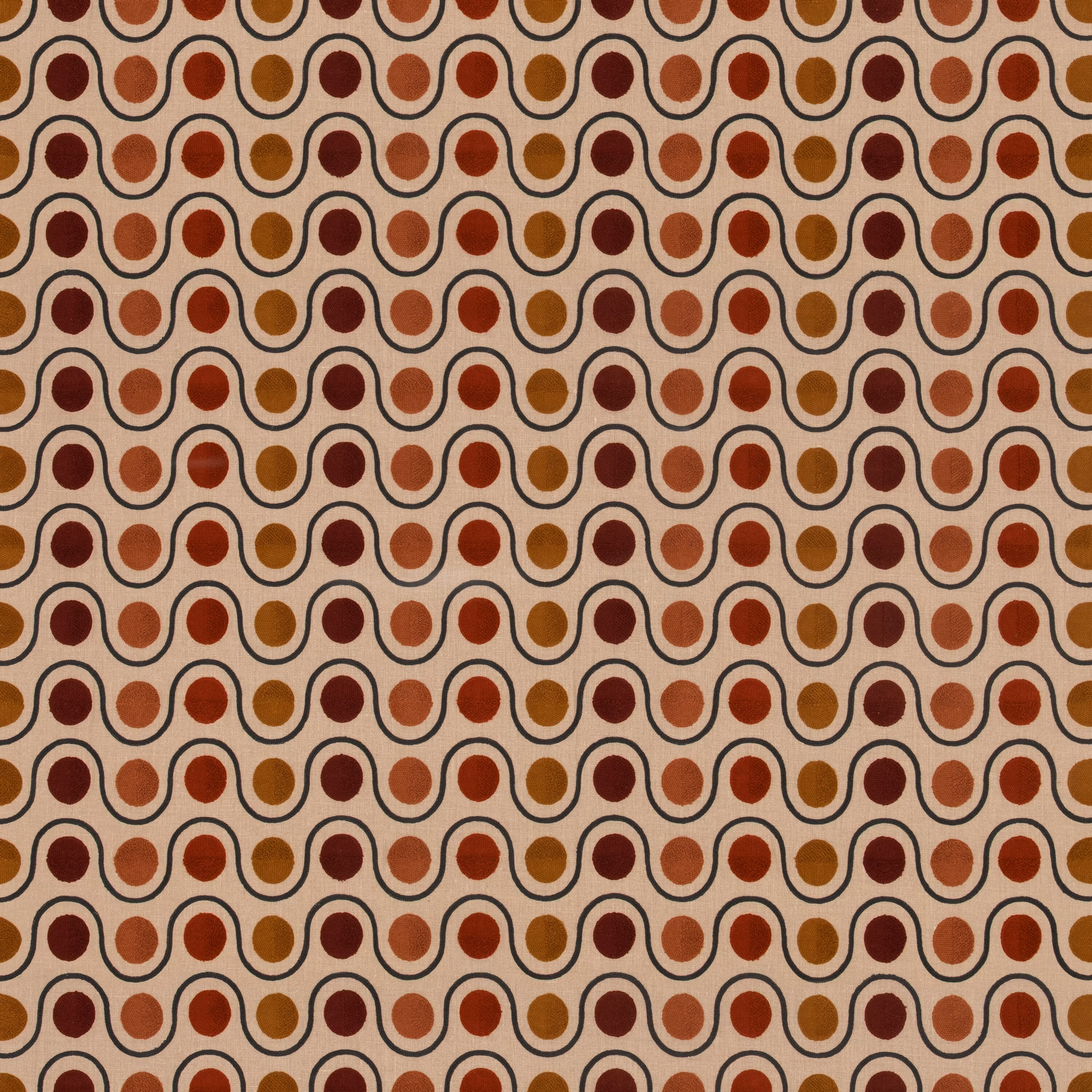 Warm cream fabric with rust, ochre and burgundy looping geometric motifs
