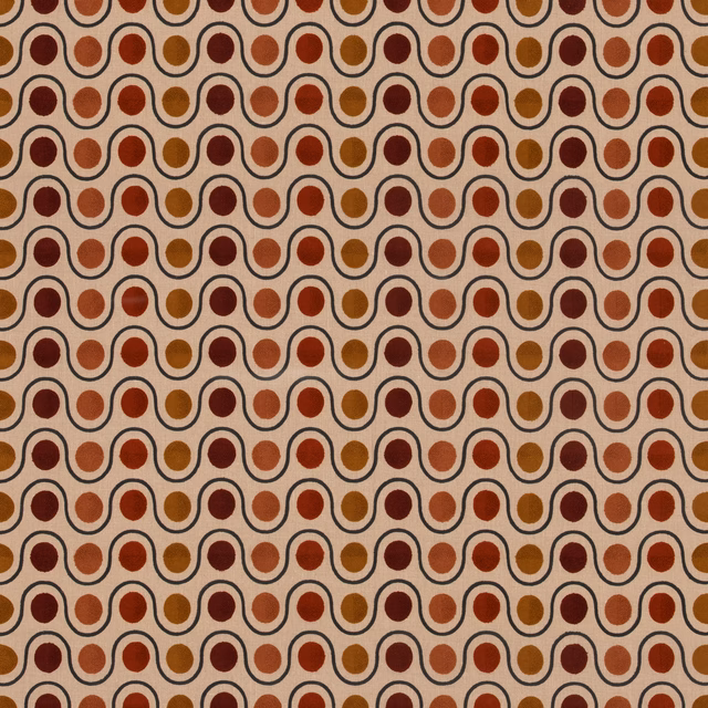 Warm cream fabric with rust, ochre and burgundy looping geometric motifs