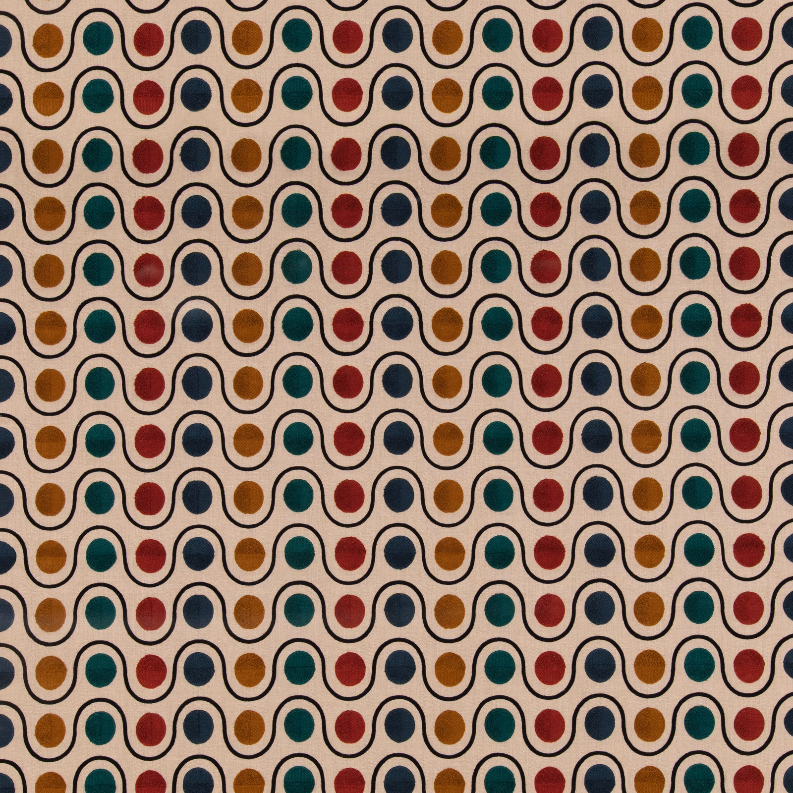Cream linen-blend ground with teal, red, ochre and navy scallop motifs