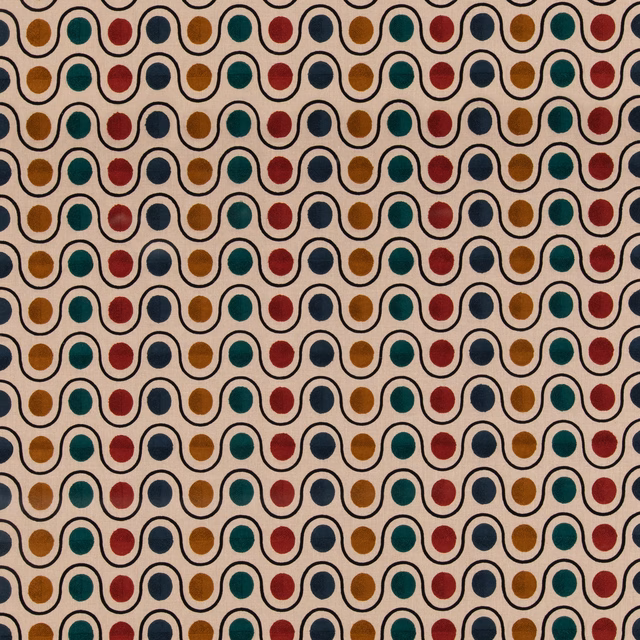 Cream linen-blend ground with teal, red, ochre and navy scallop motifs