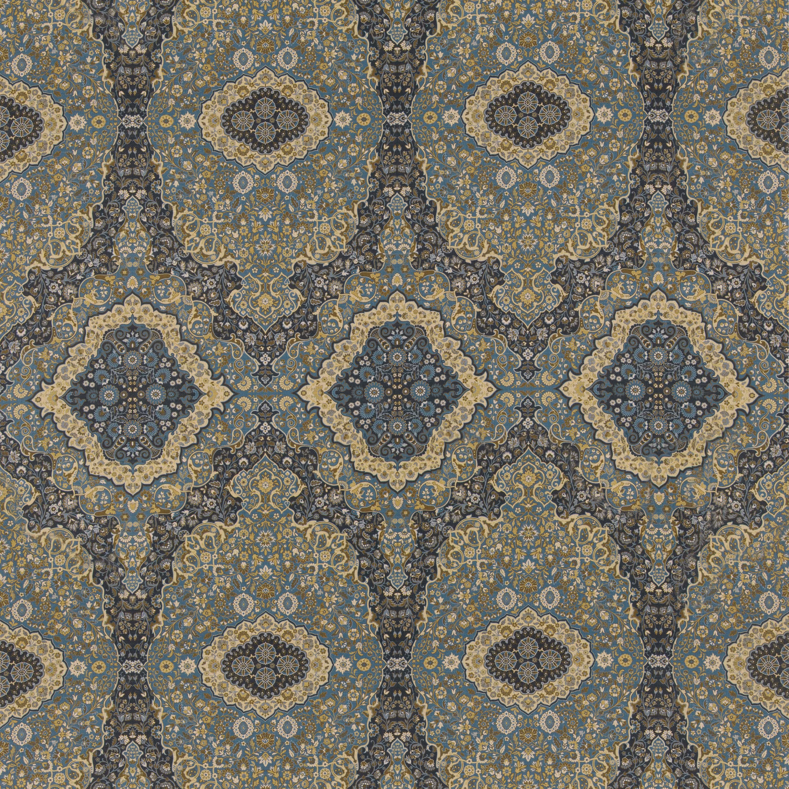 Muted indigo paisley fabric with ochre medallions, cream details and charcoal floral tracery