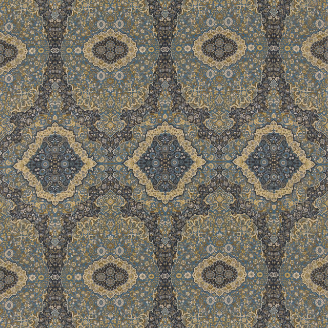 Muted indigo paisley fabric with ochre medallions, cream details and charcoal floral tracery