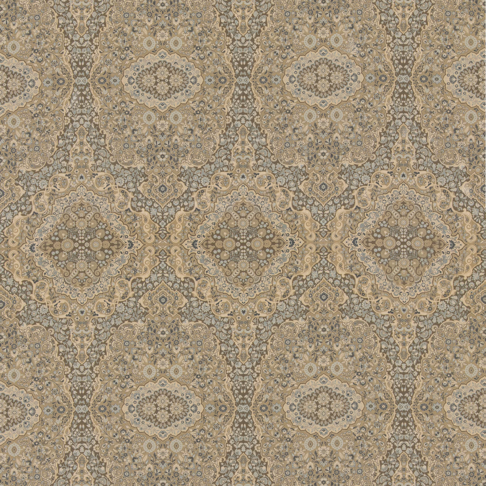 Muted olive-taupe paisley with blue-grey medallions and intricate woven ornamental detail