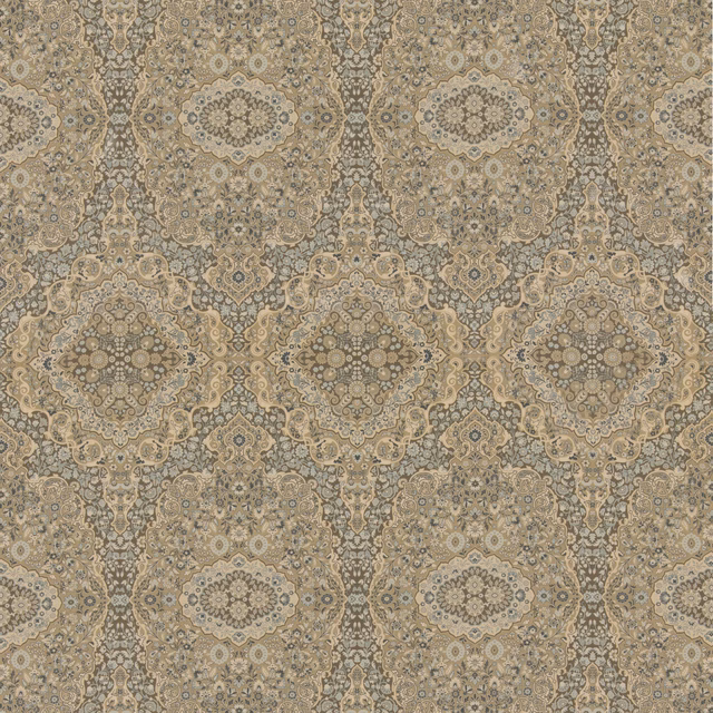 Muted olive-taupe paisley with blue-grey medallions and intricate woven ornamental detail