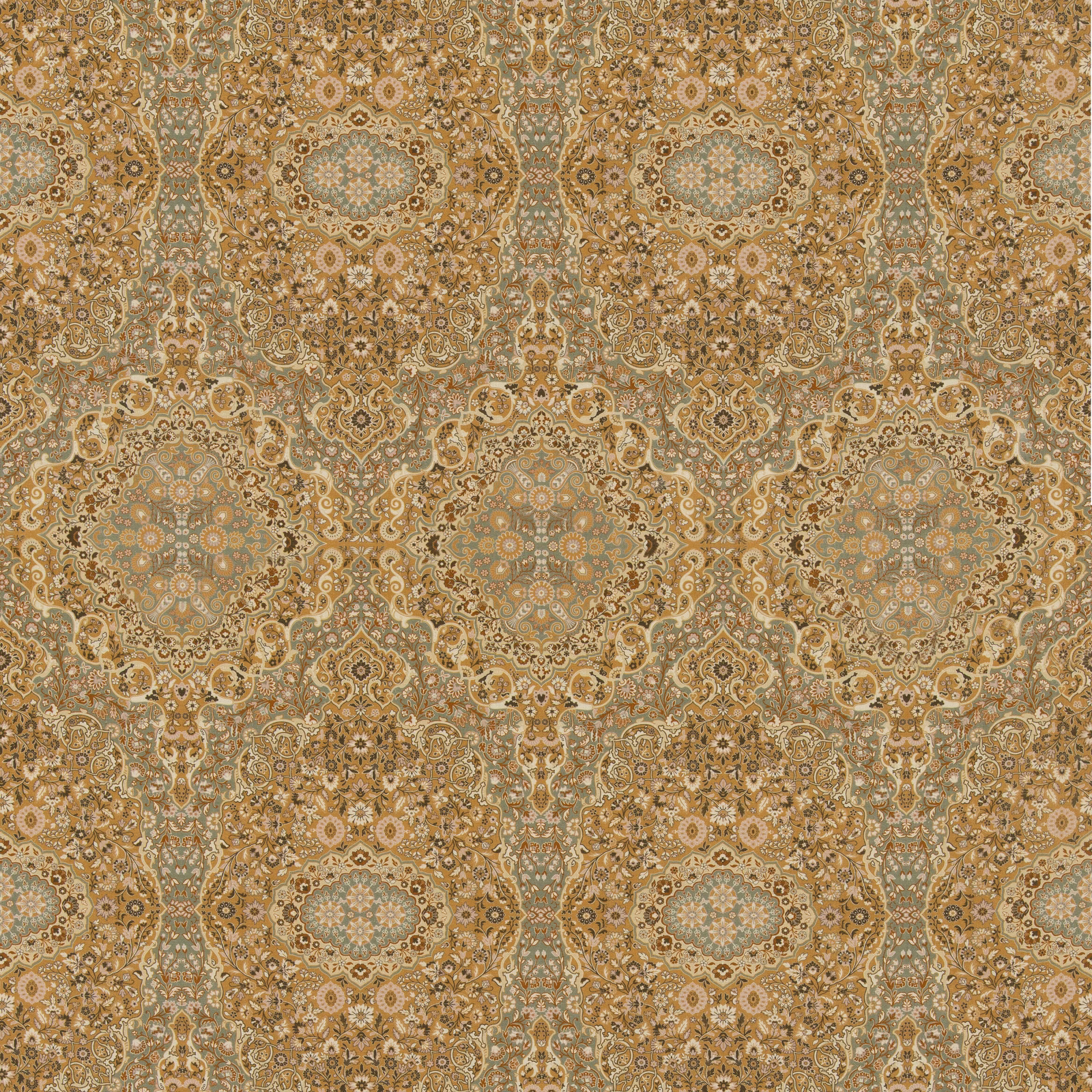 Warm ochre paisley fabric with sage medallions and intricate antique-gold detail