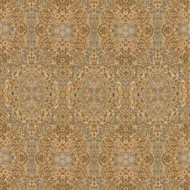 Warm ochre paisley fabric with sage medallions and intricate antique-gold detail