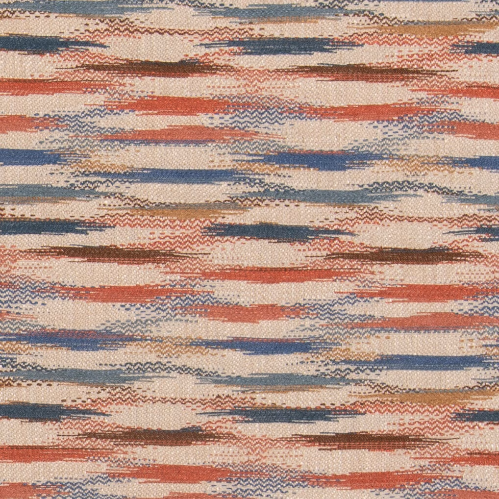 Warm ivory woven ground with broken terracotta and slate-blue horizontal bands