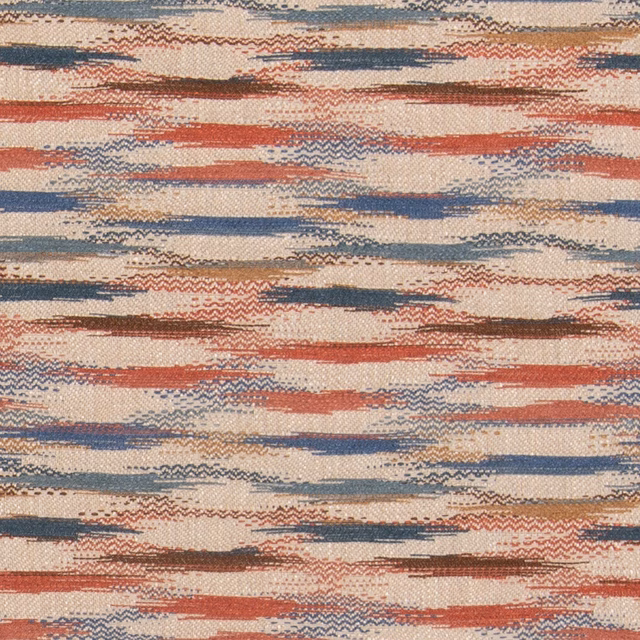 Warm ivory woven ground with broken terracotta and slate-blue horizontal bands