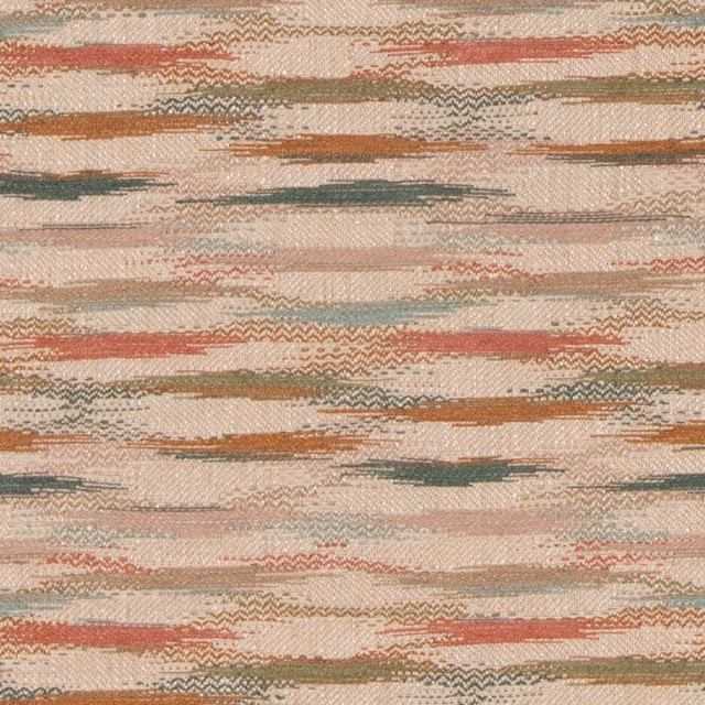 Woven cream fabric with broken tea-rose, sage and terracotta horizontal stripes