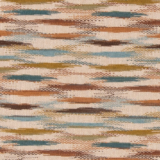 Ivory woven fabric with broken teal, chestnut, ochre bands and fine zigzag marks
