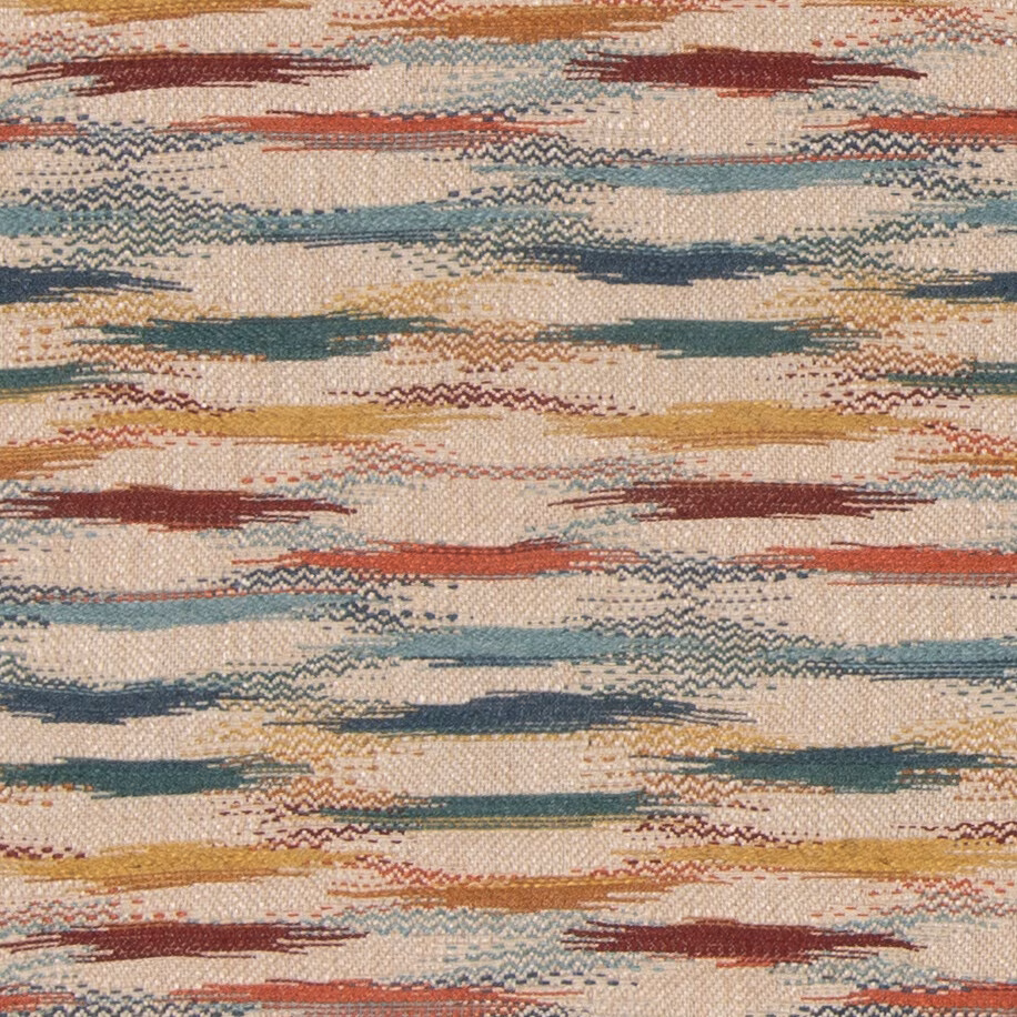 Teal, spice and cream woven fabric with broken horizontal bands and zigzag texture