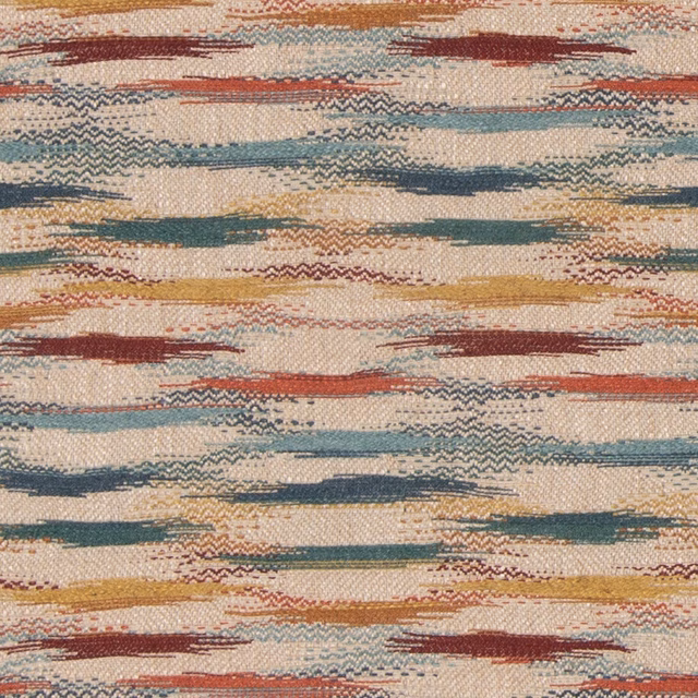 Teal, spice and cream woven fabric with broken horizontal bands and zigzag texture