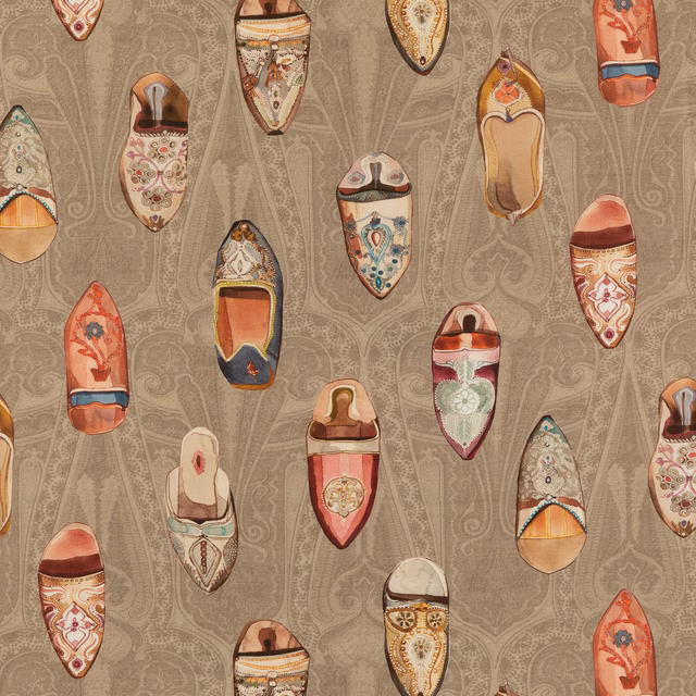Muted taupe linen with colourful ornate babouche slipper motifs in red, teal and ochre