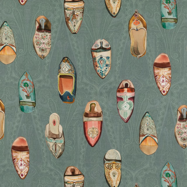 Muted teal linen with ornate red, cream and ochre babouche slipper motifs