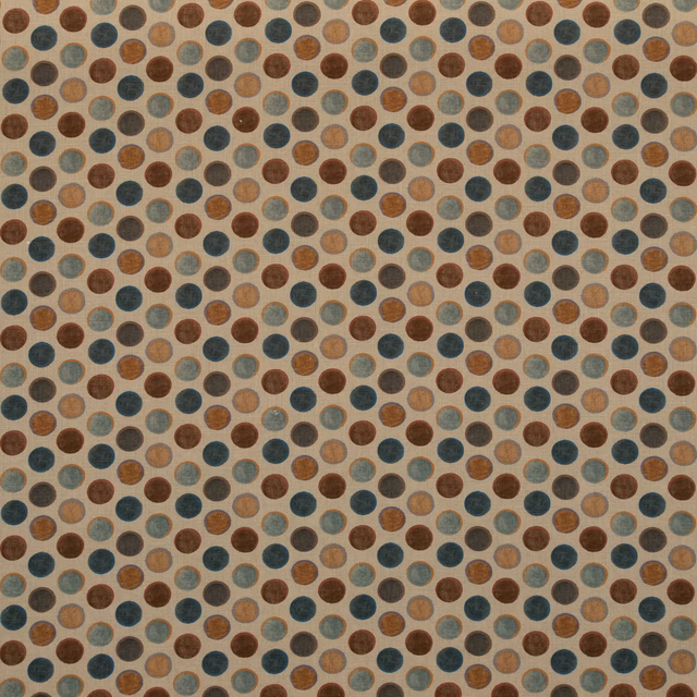 Antique beige woven fabric with repeated muted teal and russet round spots