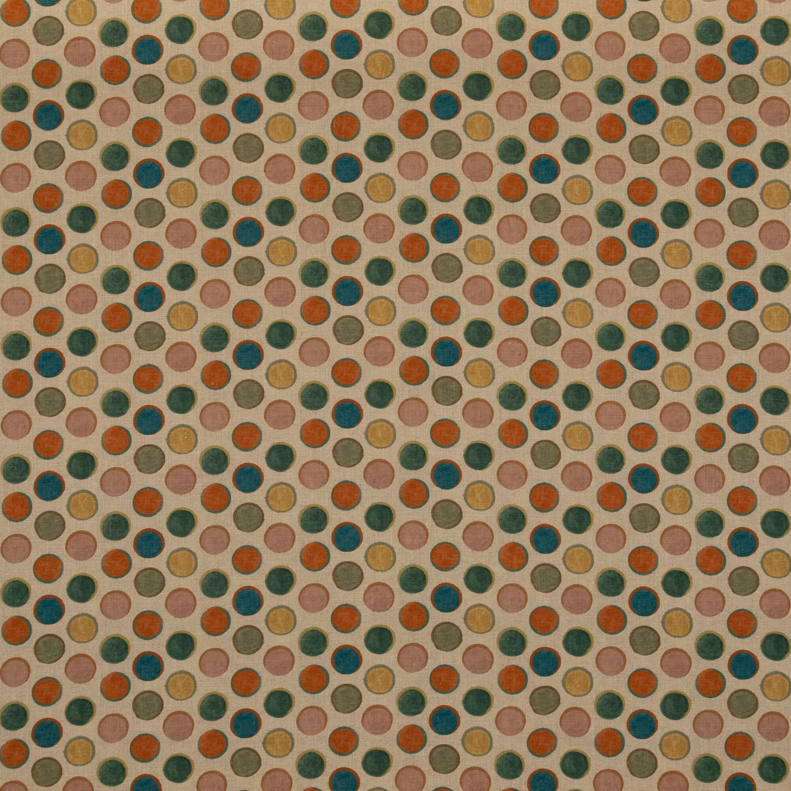 Beige woven fabric with rust, teal, olive, mustard and pink dotted motifs