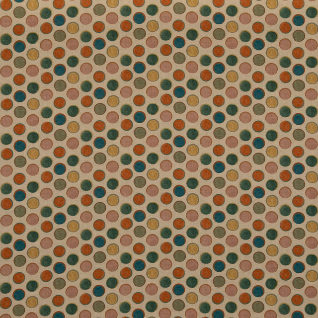 Beige woven fabric with rust, teal, olive, mustard and pink dotted motifs