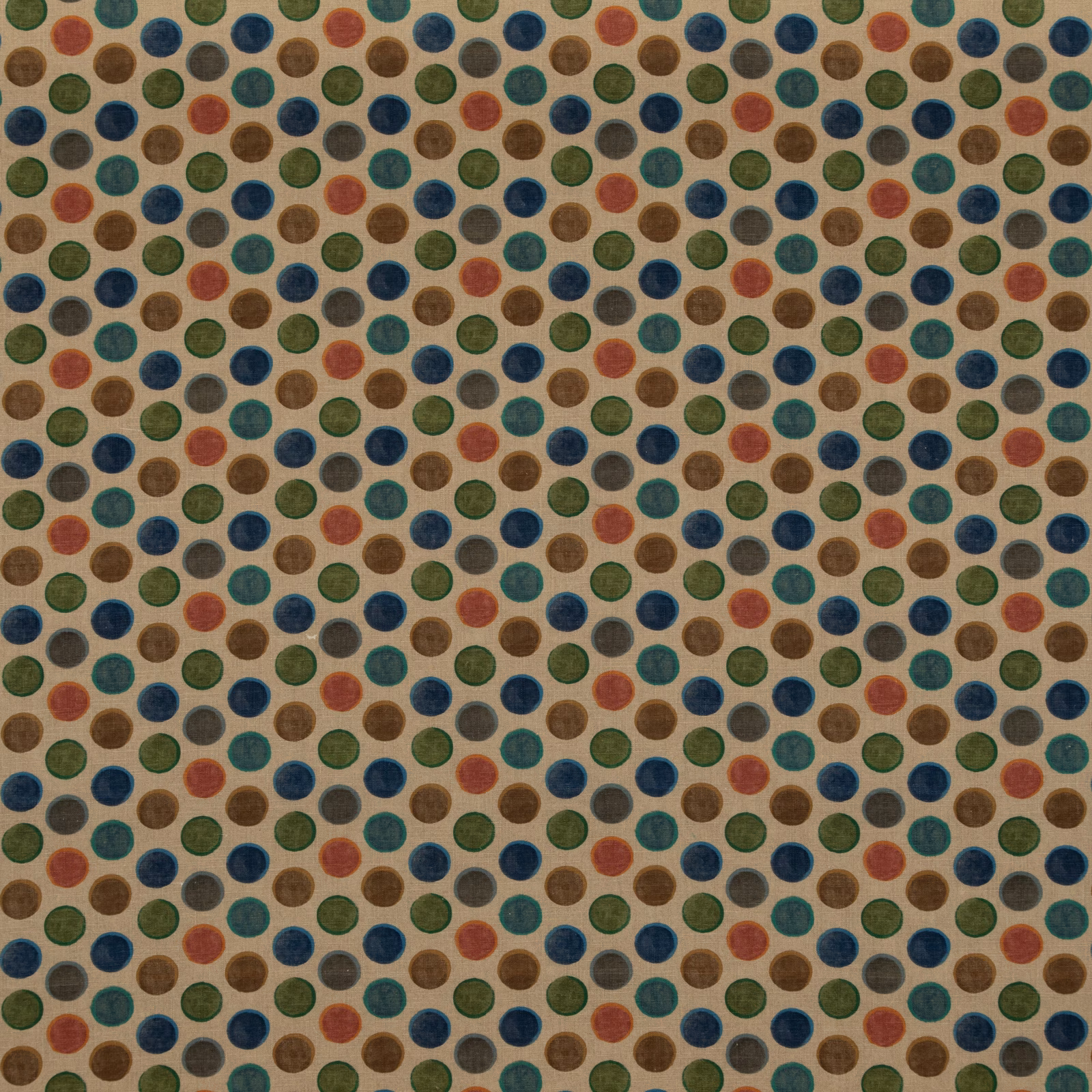 Oatmeal linen blend with small muted teal, blue, olive and rust circular spots