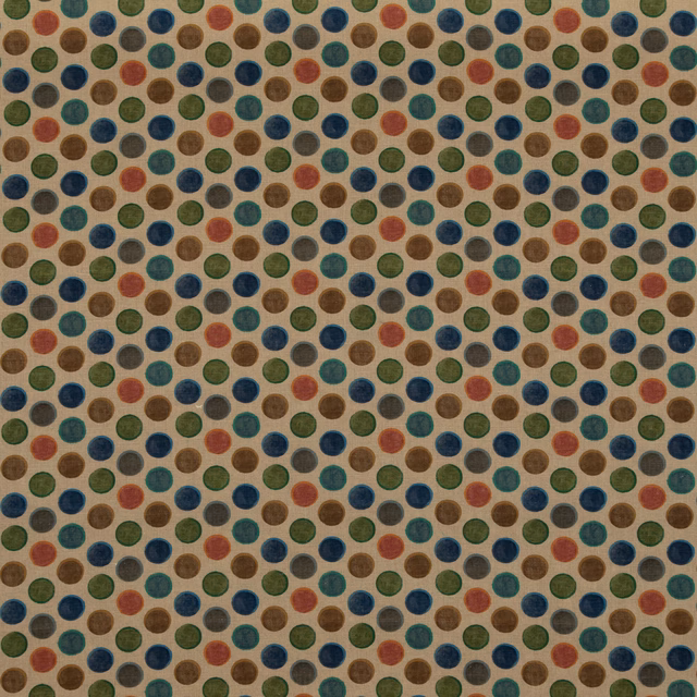 Oatmeal linen blend with small muted teal, blue, olive and rust circular spots