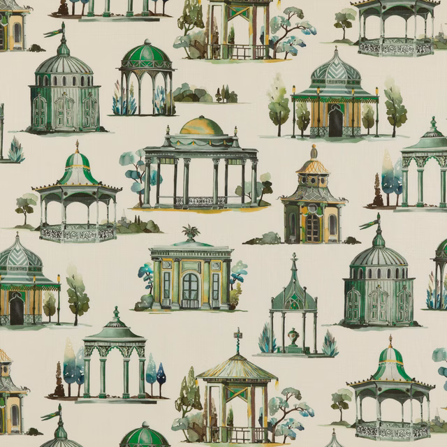 Emerald garden pavilions and domed gazebos illustrated across a cream linen fabric