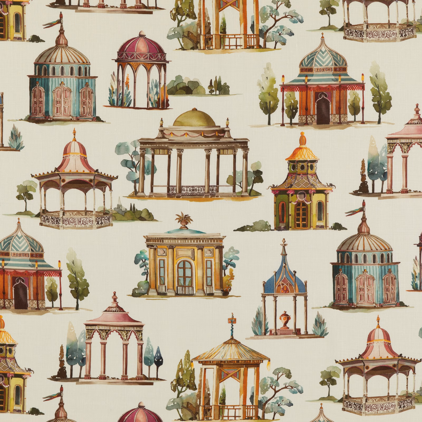 Cream linen with plum pavilion motifs, olive trees and ochre architectural details