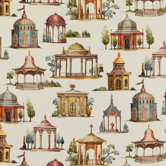 Cream linen with plum pavilion motifs, olive trees and ochre architectural details