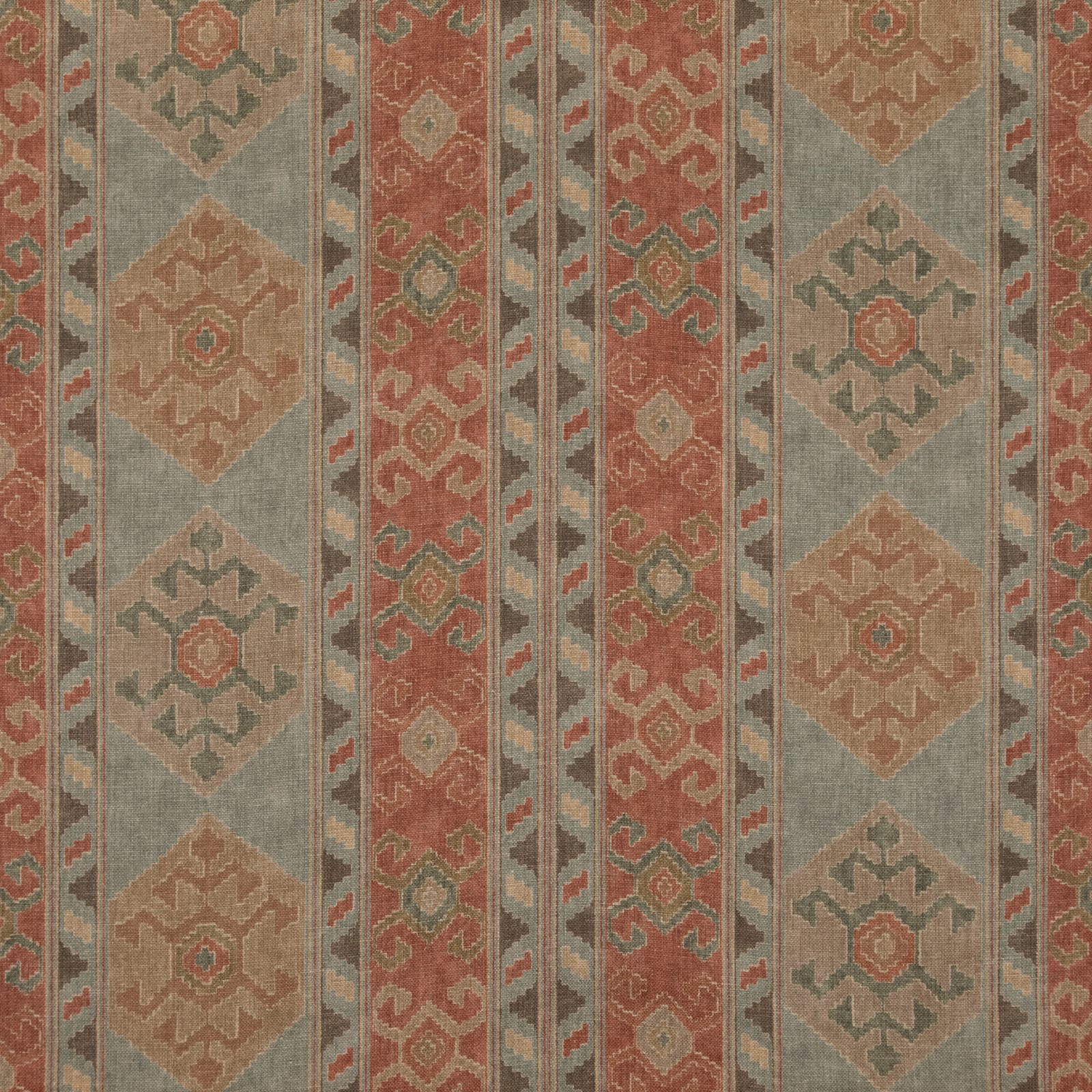 Muted terracotta, sage and taupe geometric woven bands with repeating diamond motifs