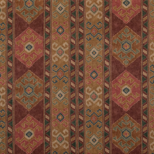 Muted plum woven textile with ochre, teal and terracotta geometric vertical bands