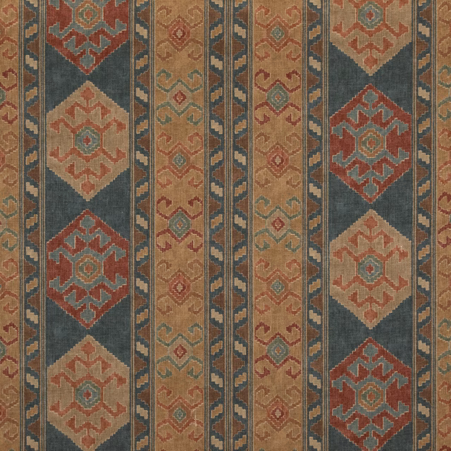 Muted teal woven fabric with rust and ochre diamond motifs and vertical stripes