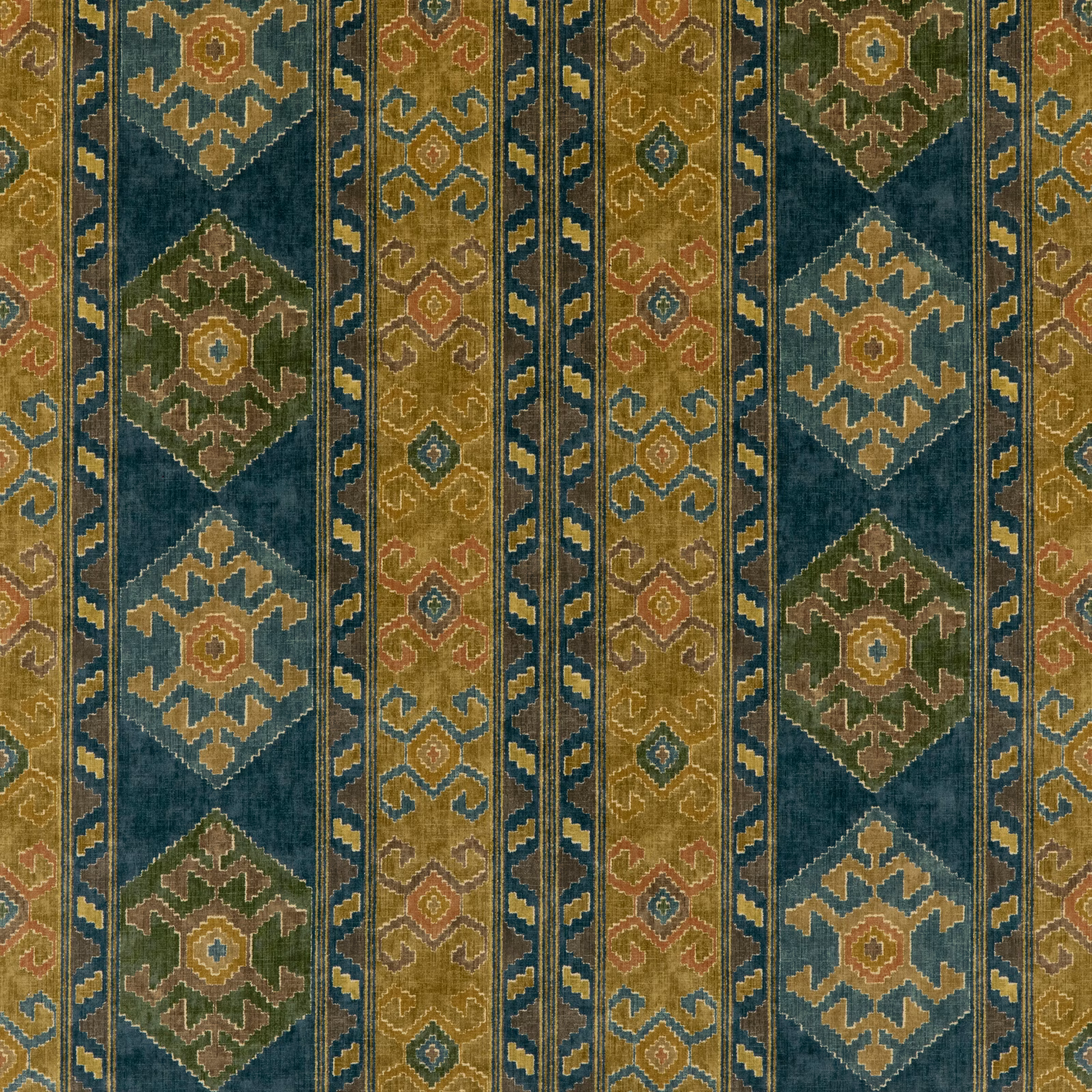 Denim blue velvet with ochre diamond medallions and olive geometric stripes