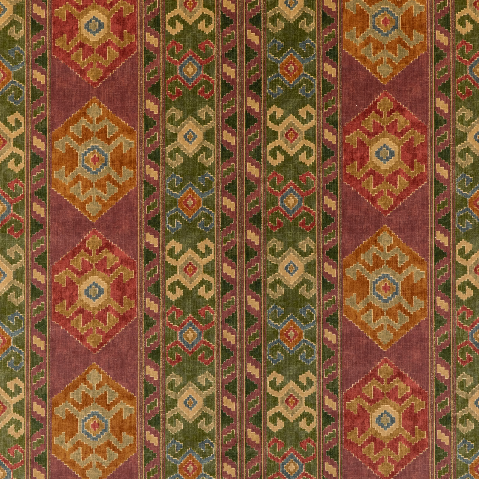 Plum and olive velvet with vertical geometric stripes and ochre diamond medallions
