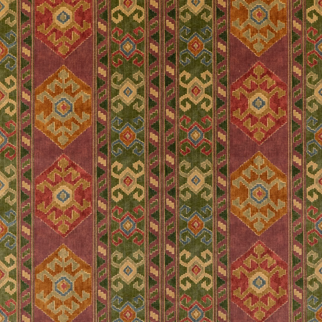 Plum and olive velvet with vertical geometric stripes and ochre diamond medallions