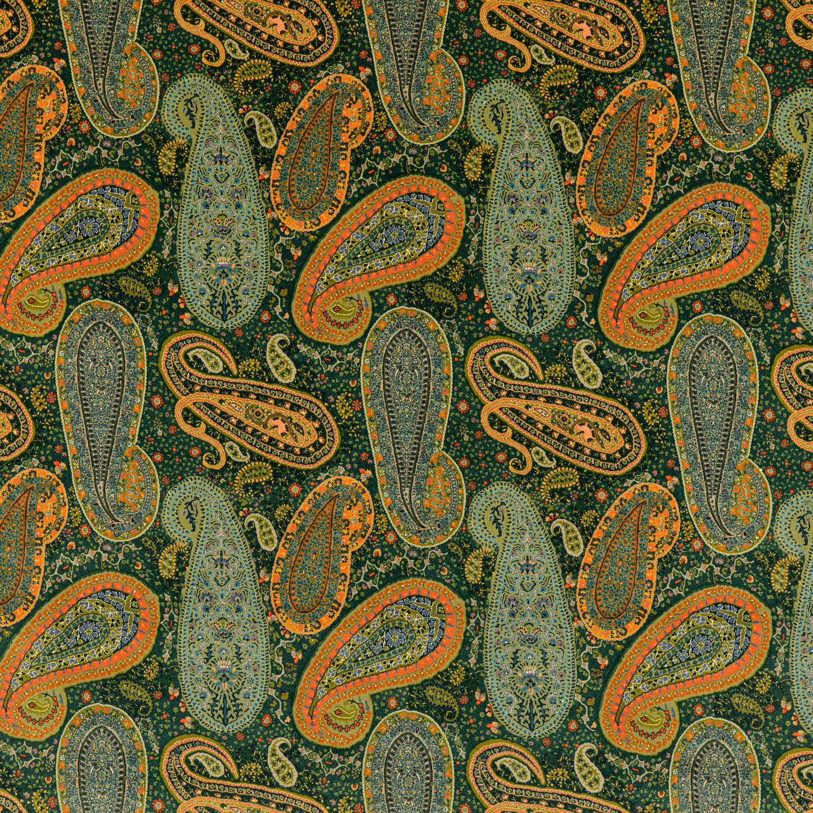 Deep emerald velvet with coral, olive and blue-green scrolling paisley motifs