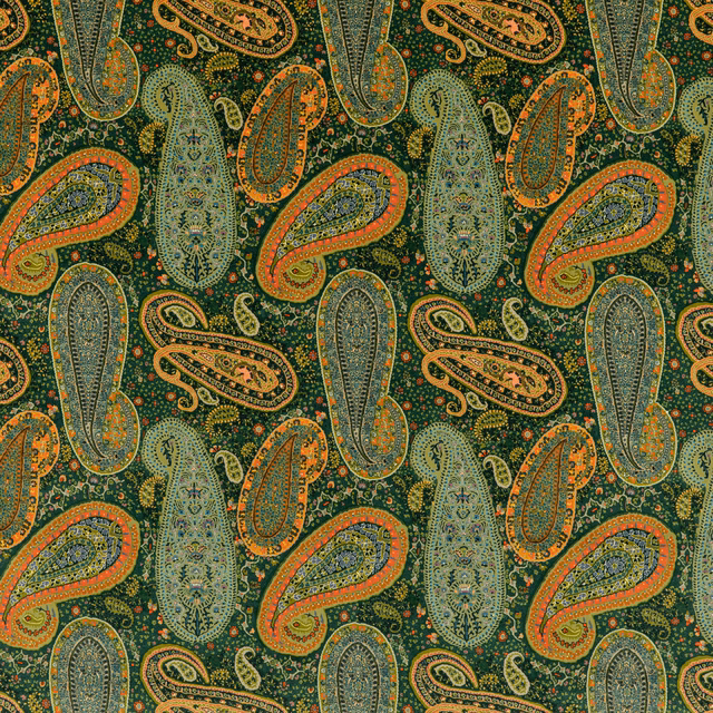 Deep emerald velvet with coral, olive and blue-green scrolling paisley motifs