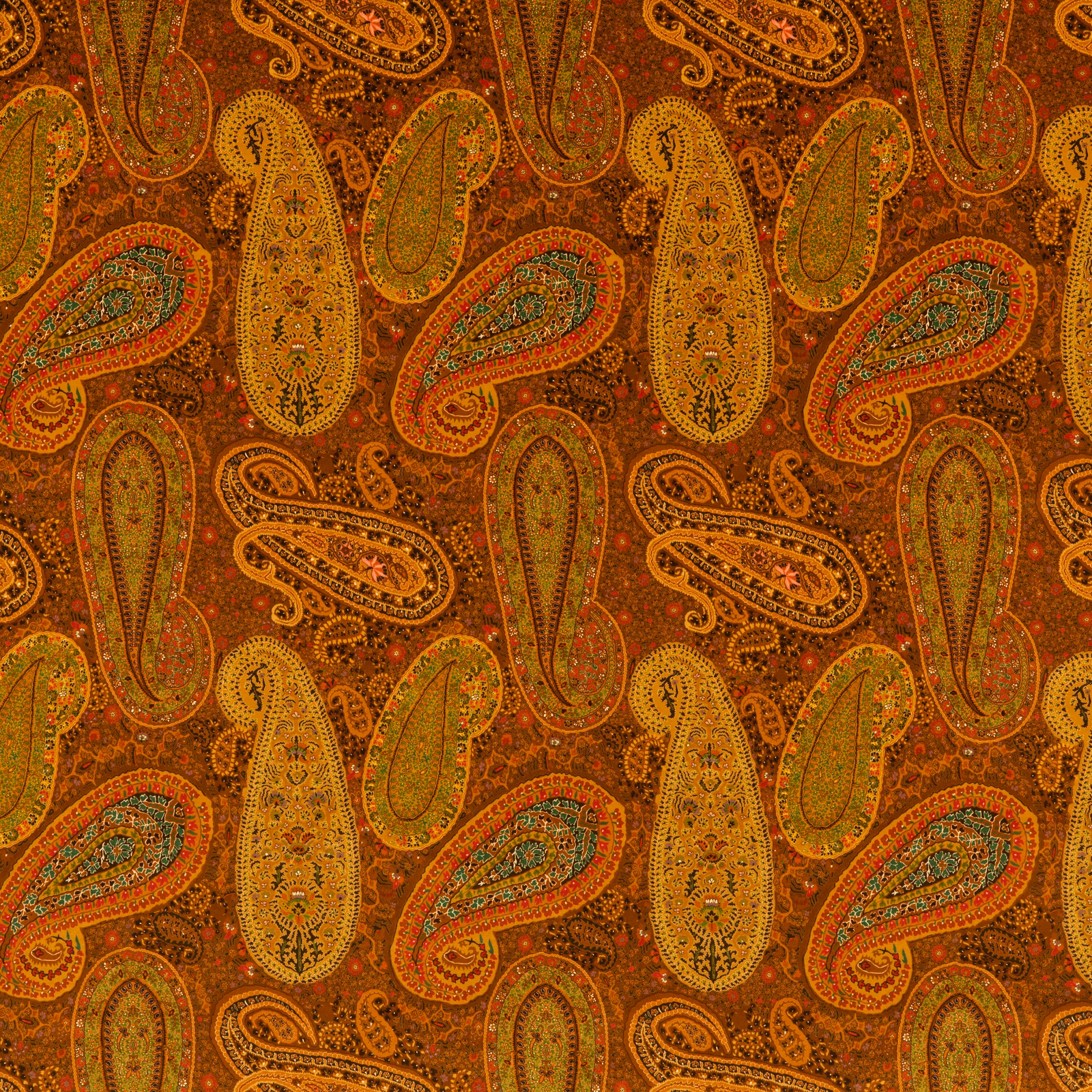 Burnt spice velvet with olive, mustard, teal and red paisley motifs
