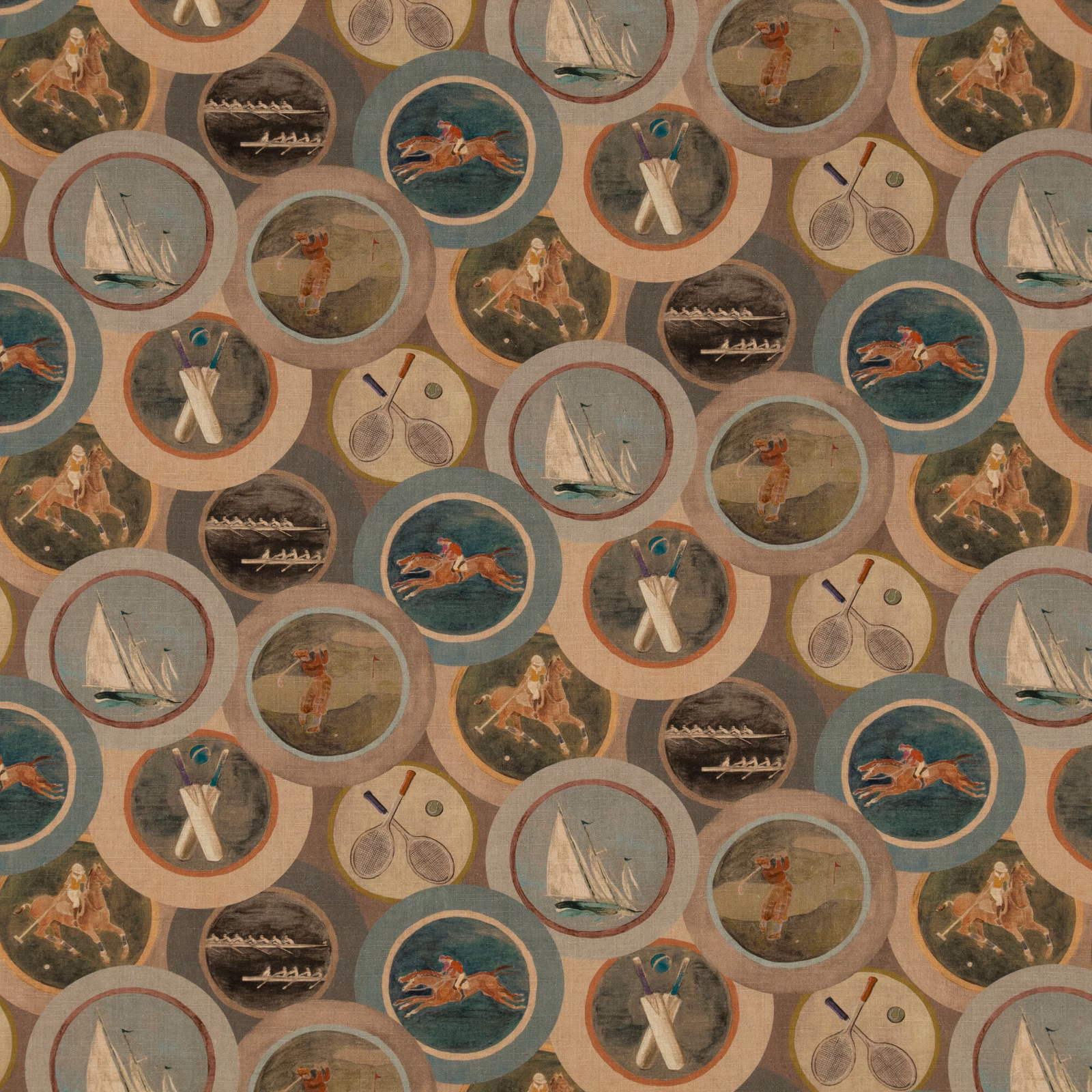 Muted teal and taupe sporting medallions with sailing, tennis and rowing scenes