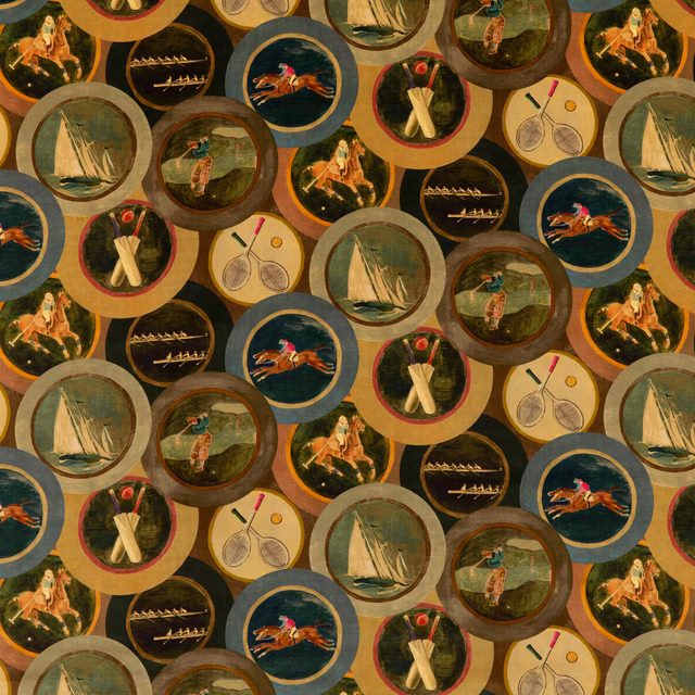 Woodsmoke olive velvet with circular sporting vignettes, rust, blue and ochre accents