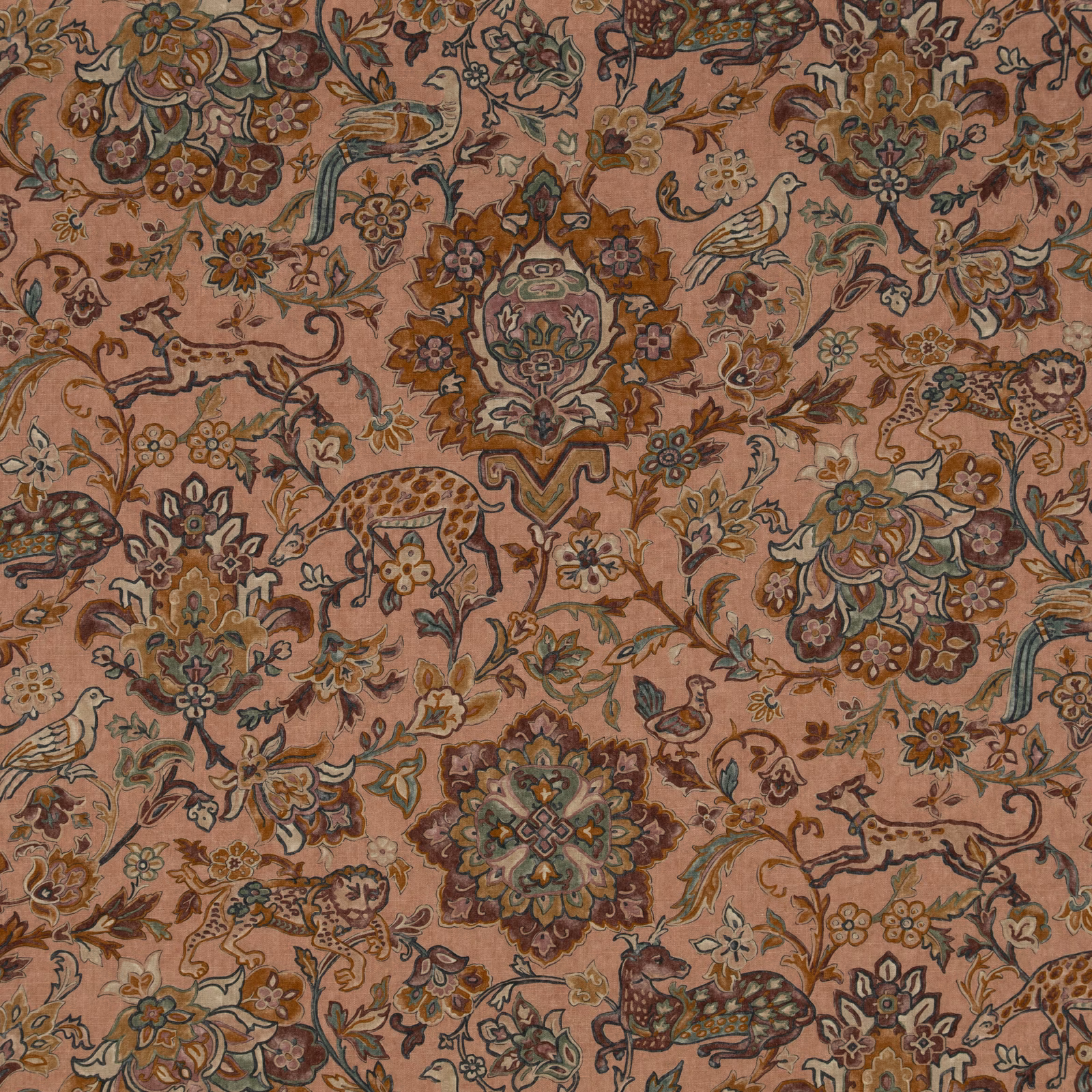 Dusty terracotta fabric with floral medallions, birds, foliage and animal motifs
