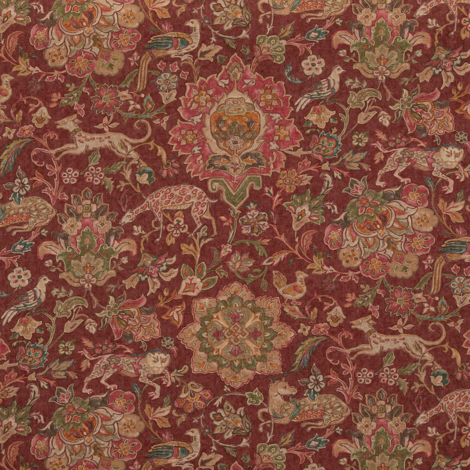 Deep plum floral paisley fabric with teal, olive, ochre and cream details